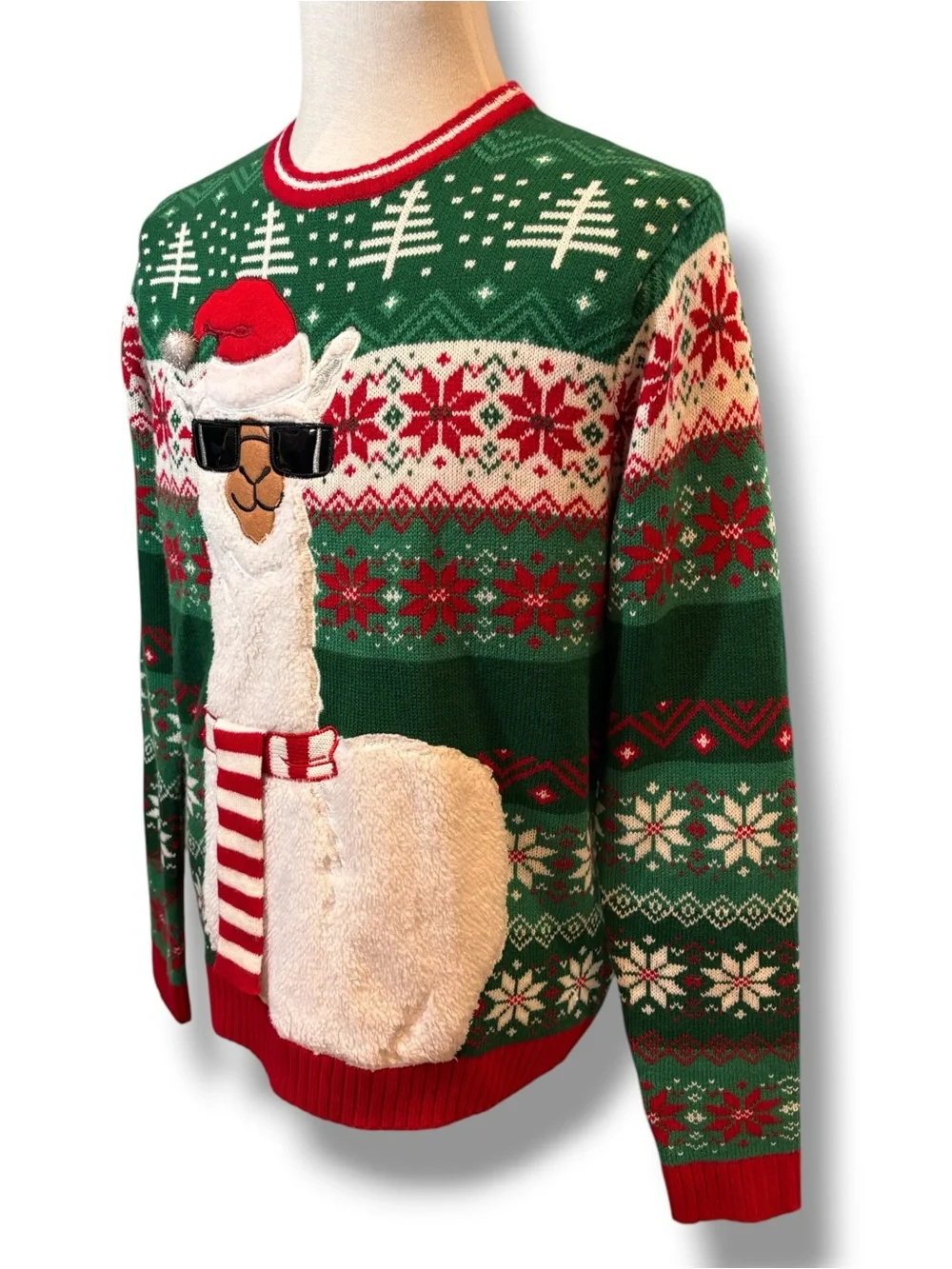 Ugly Christmas Green Sweater Blizzard Bay Llama In Sunglasses Scarf Unisex Sz L